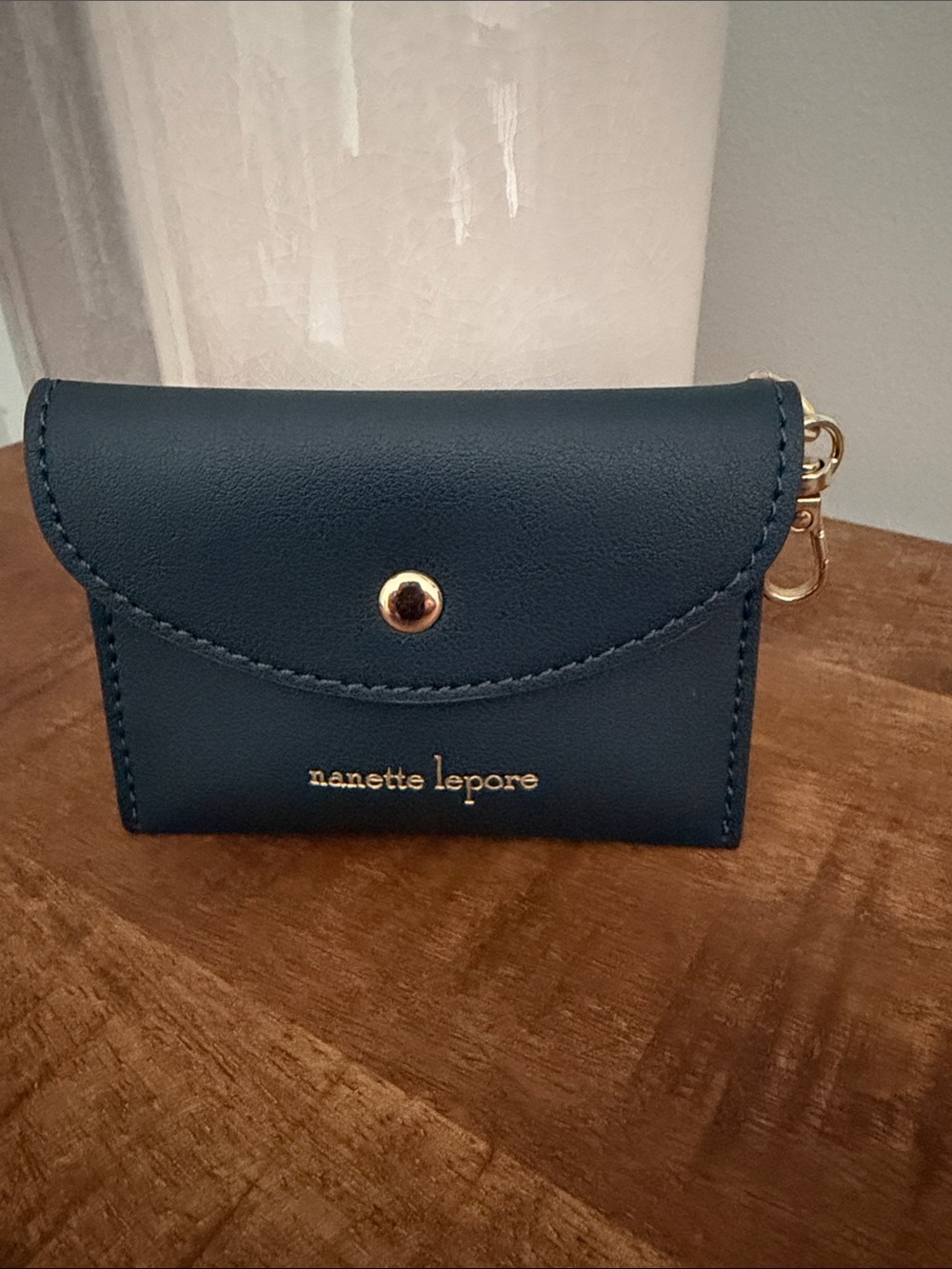 Nanette Lepore Deep Navy Leather Mini Card Holder with Gold Trim